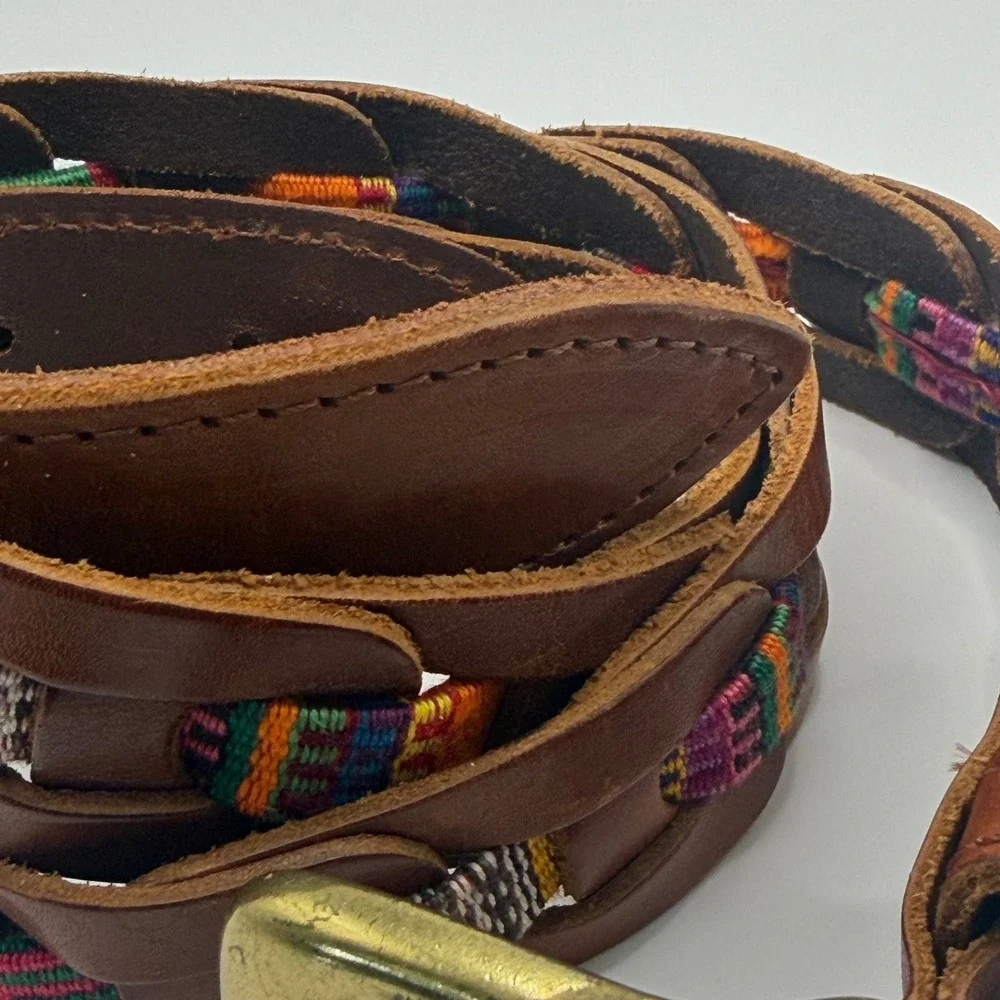 Vintage Boho Brown Leather Woven Multi Color Belt Brass Buckle Handcrafted